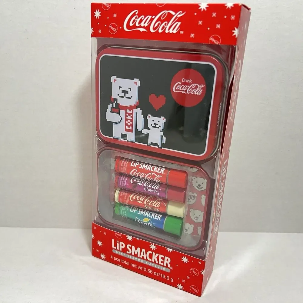 Lip Smacker 4pc Balm Collectible Bear Tin Christmas Coca Cola 2018 NEW Sprite